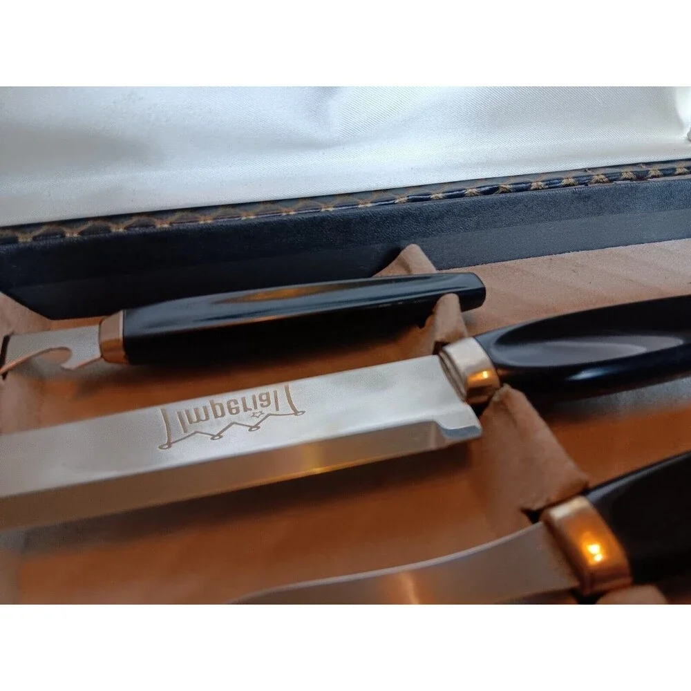 Vintage 1950 MCM Imperial Stainless 6 Carving Steak Knives & Meat Fork Set of 9